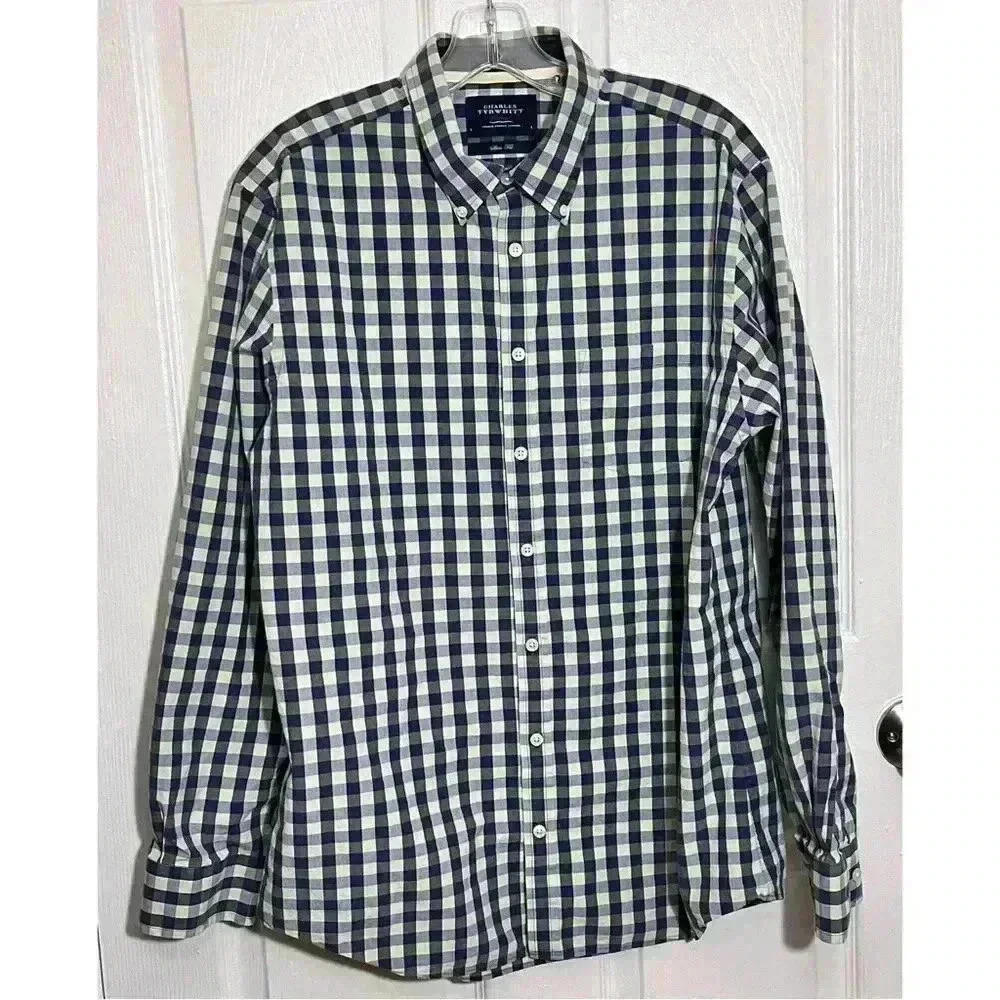 CHARLES TYRWHITT Slim Fit Check Green & Blue Men’s Button Down | size large
